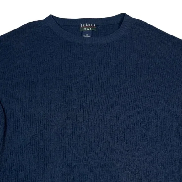 VTG Trader Bay Men M Texture Pattern Knit Crew Neck Sweater Blue Cotton USA 90s - Picture 10 of 10
